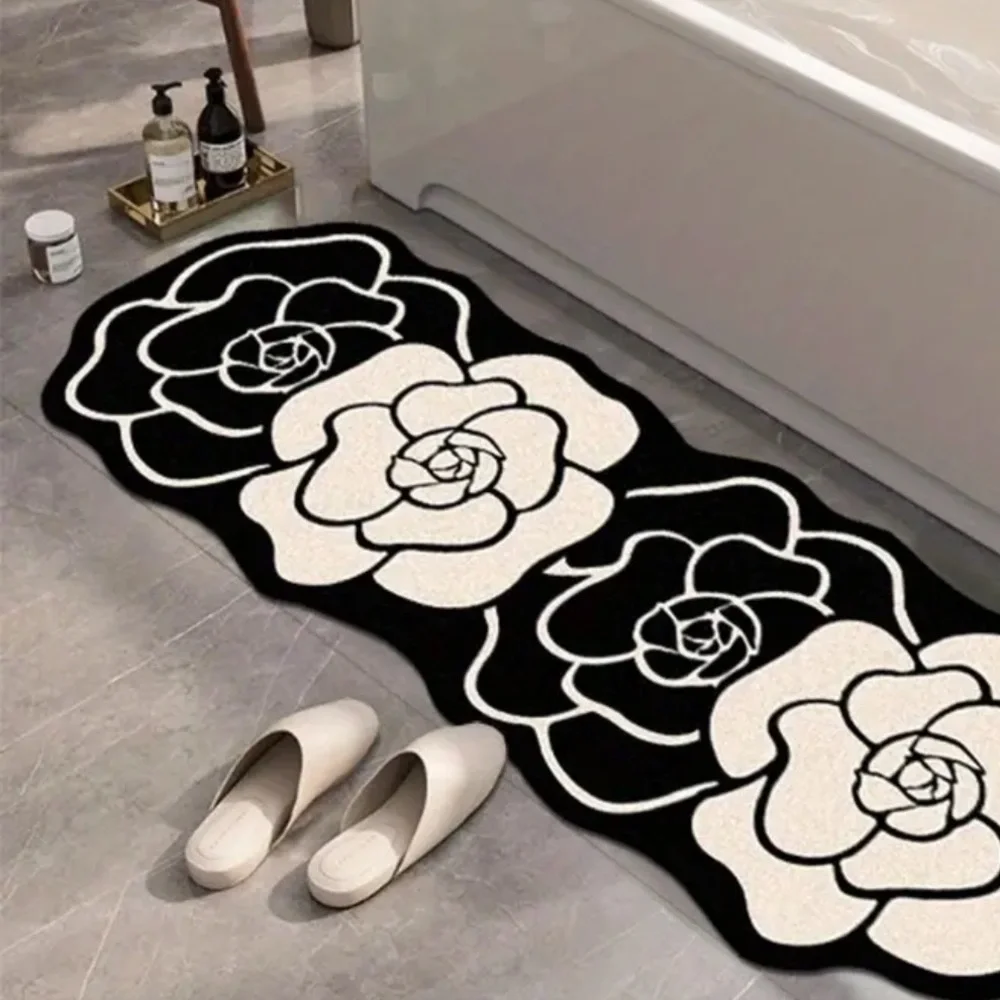 Elevate Your Space with Timeless Elegance: Black Cream Camellia flower rugs